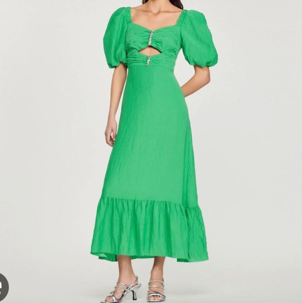 NWT Sandro Falbala Green Crystal Cutout Puff Sleeve Midi Dress Size 34 2 XS